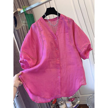 时尚高级感蕾丝V领麻料短袖衬衫娃娃衫宽松薄款独特漂亮上衣女夏