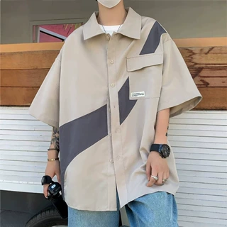 日系设计感拼接短袖衬衫男款潮流cityboy宽松休闲工装衬衣外套男