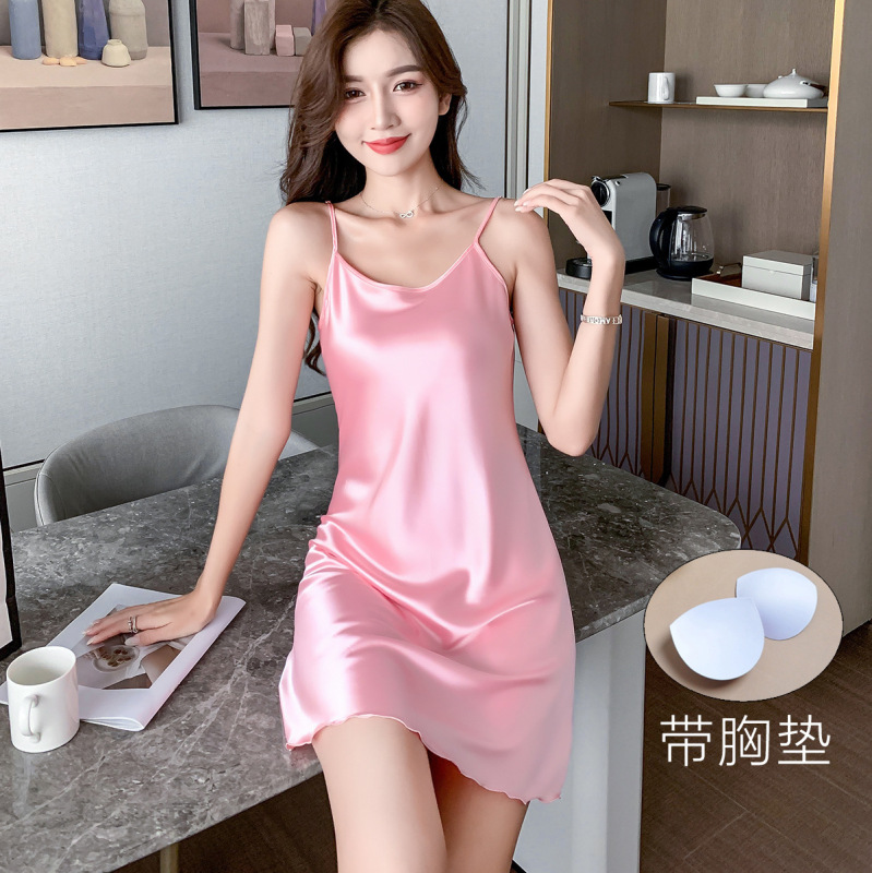 2024 New Style Ice Silk Suspender Pajamas for Women with Breast Pads, Cool Summer Home Clothes That Can Be Worn Outside