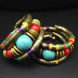 亚马逊新款欧美串珠波西米亚民族风多层手链 蛇骨造型绿松石手镯