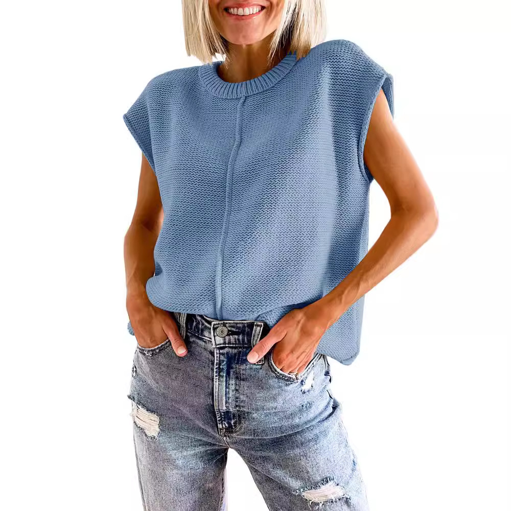 2024 Comercio exterior transfronterizo de Amazon para mujer sin mangas top moda casual cuello redondo suéter de punto suelto mujer