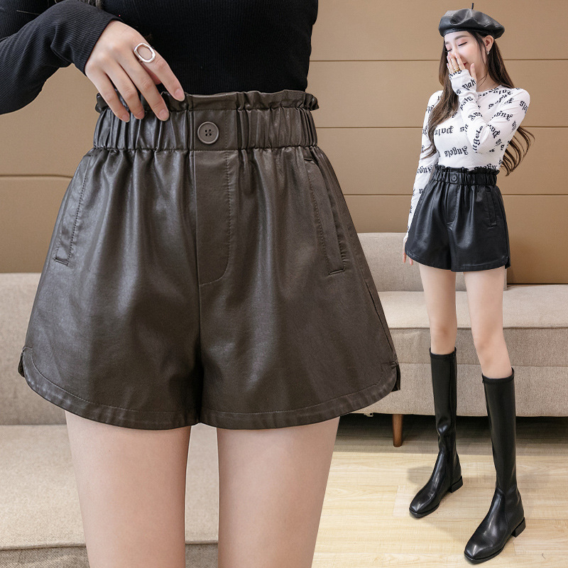2021秋冬新款实拍现货外穿皮短裤女高腰宽松显瘦阔腿a字PU皮靴裤|ms