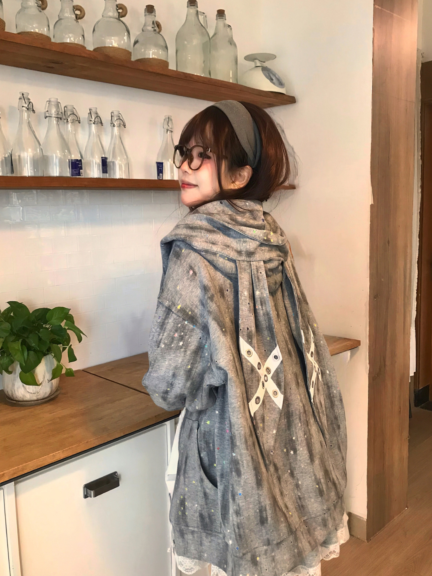 2025甜酷穿搭兔耳朵扎染镂空连帽开衫卫衣外套女日系可爱