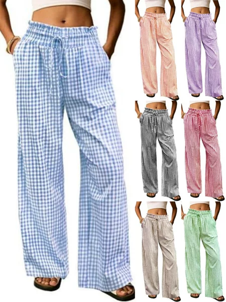 Cross-Border European and American Amazon Women's Plaid Trousers Wide-Leg Elastic High-Waist Pajamas Loose Casual Pants with Drawstring Mouth