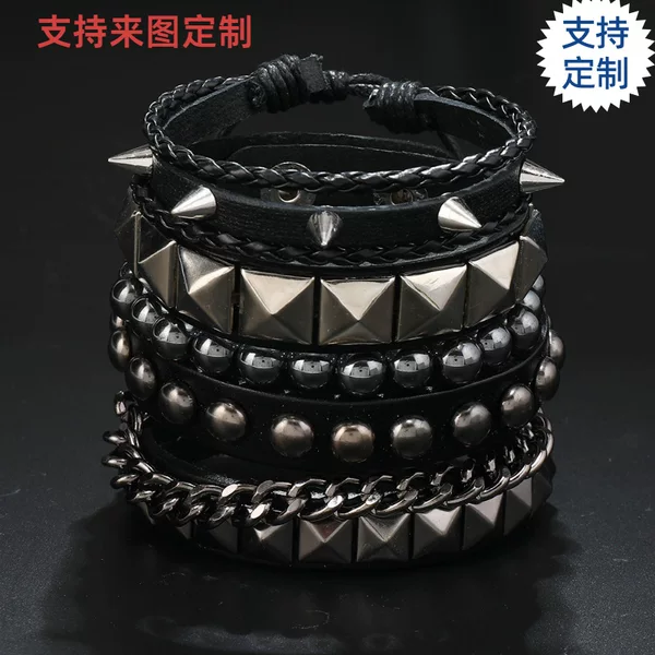 New Cross-border Hot Selling Skull Five-pointed Star Alloy Accessories Four-piece Cowhide Bracelet Amazon AliExpress