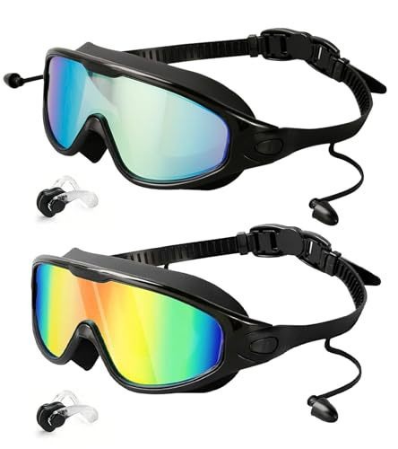 커플 스타일 일체형 귀마개 세트 - 고화질 대형 프레임 수영 고글 - 블랙 골드 도금 + 블랙 레드 도금