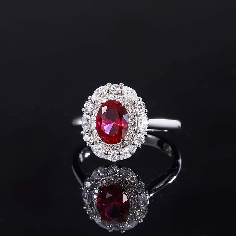 2024 nueva joyería Zhuang Shengsheng, fondo de cobre chapado en oro, simulación, corindón rojo sangre de paloma, traje de estilo simple ovalado, mujer 6*8