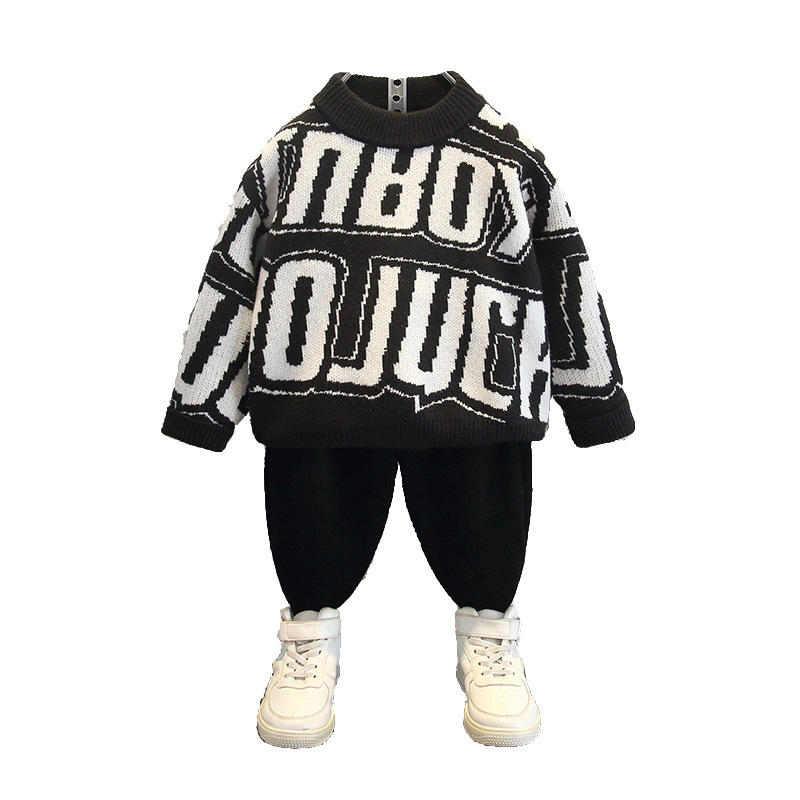 6480 suéter para niños 2025 nueva ropa de otoño e invierno para niños, guapo, camisa de fondo de lana gruesa para niños de estilo occidental de punto