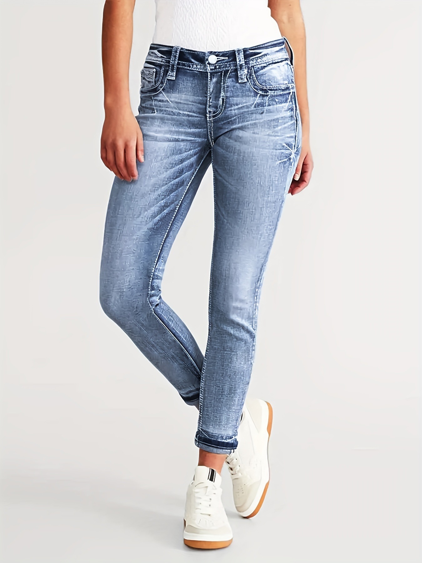 Jeans Bordados Ajustados para Mujer de Mezclilla de Algodón, Elástico