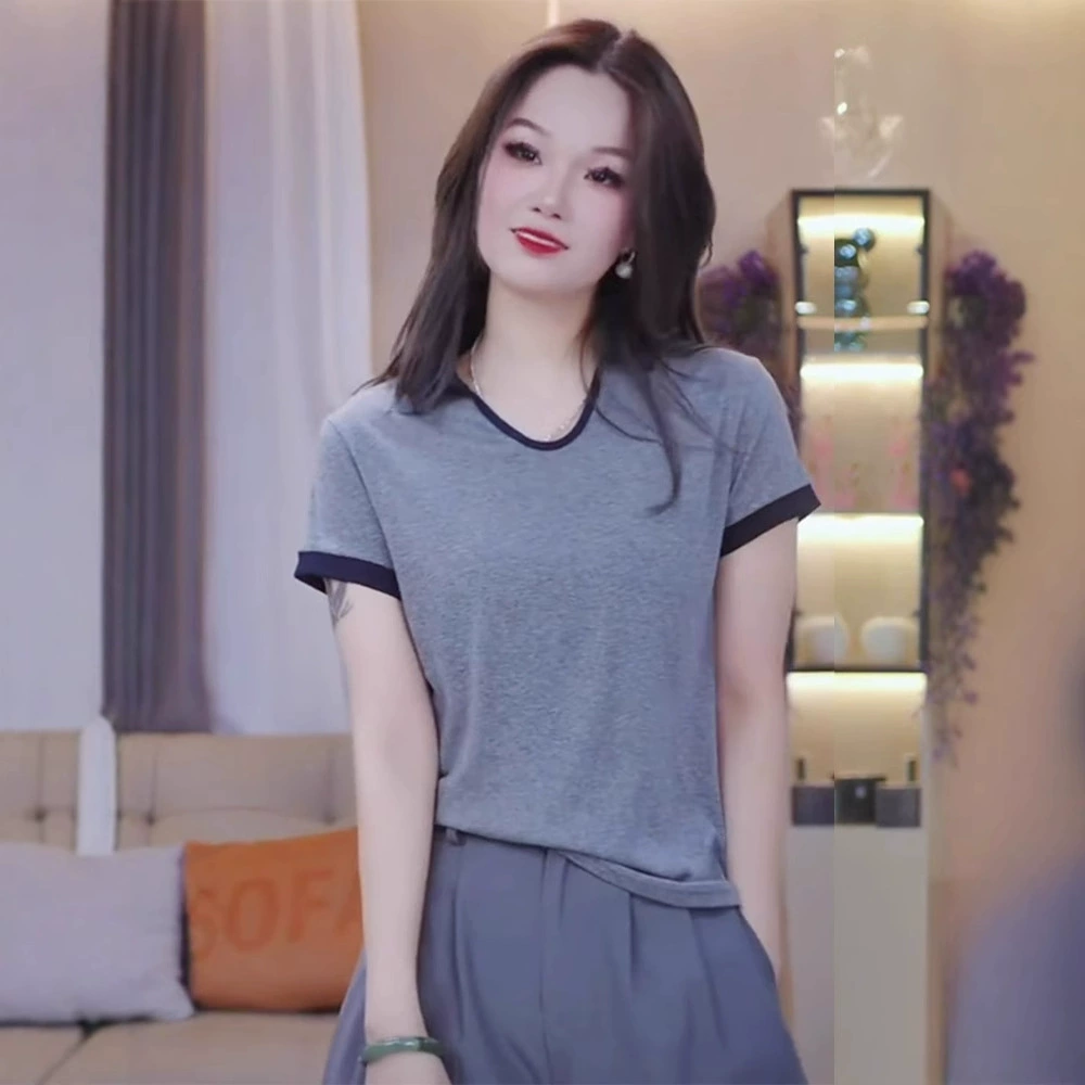 повседневные топы с цветными блоками и U-образным вырезом, лето 2025, универсальные Q, повседневные футболки с короткими рукавами для среднего и пожилого возраста, уменьшающие возраст, большие размеры
