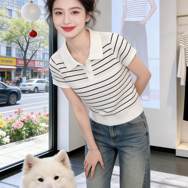 French-Style Striped Polo Collar Short-Sleeve Knit Top for Women, 2026 Summer New Design with Hollow-Out Slim-Fit Slimming Top