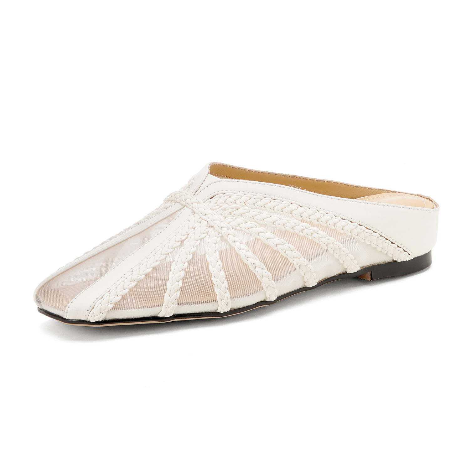 Dép sandal nữ mũi nhọn quai chữ V đế xuồng cao 7 cm, chất liệu lưới ren họa tiết hoa — đen