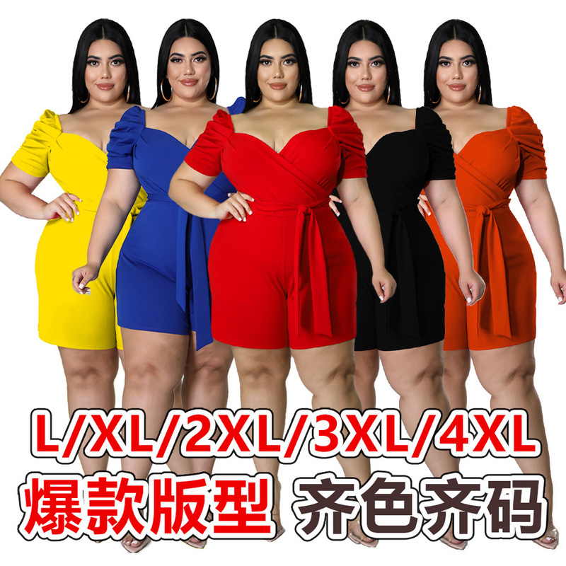 Amazon independent station hot sale cross-border European and American women's casual fashion sexy solid color belt plus size jumpsuit