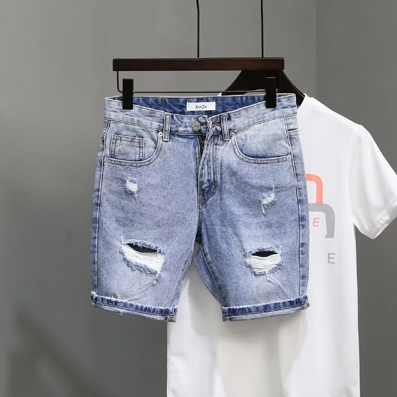 Summer Fashion Denim Shorts Men's Thin Korean Style Ripped Five-Quarter Pants Elastic Trendy Brand Manufacturer Wholesale Denim