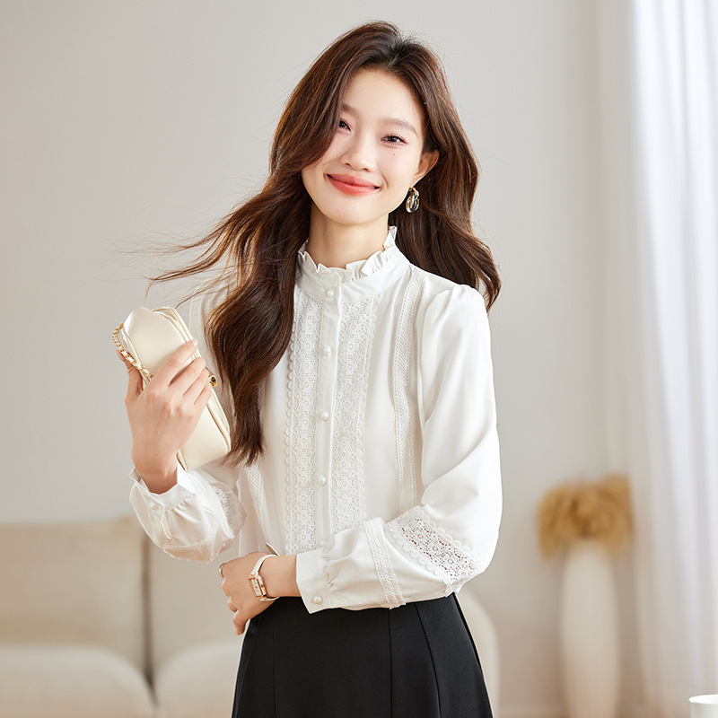 Lace Stitching White Shirt Women's 2025 Early Spring New Western-style Wood-ear Mock Collar Shirt