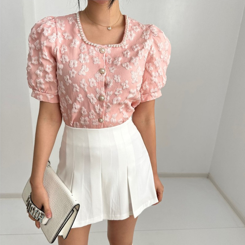 Summer New Arrival Embossed French Style Sexy Square Collar Heavy Industry Nail Beads Collarbone Puff Sleeve Short Sleeve Shirt for Women Summer New Arrival Embossed French Style Sexy Square Collar Heavy Industry Nail Beads Collarbone Puff Sleeve Short Sleeve Shirt for Women
