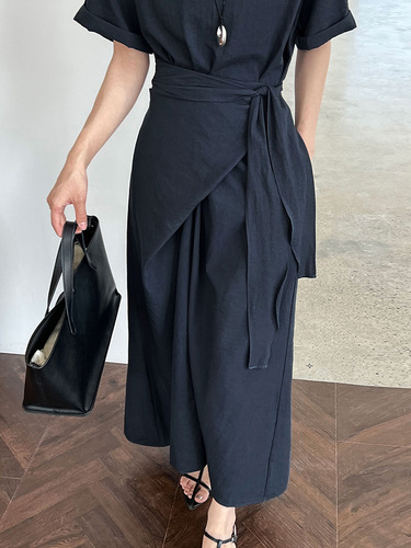 Luxi niche design cross-strap short-sleeved dress spring and summer new style waist waist slimming A-line long dress 3588