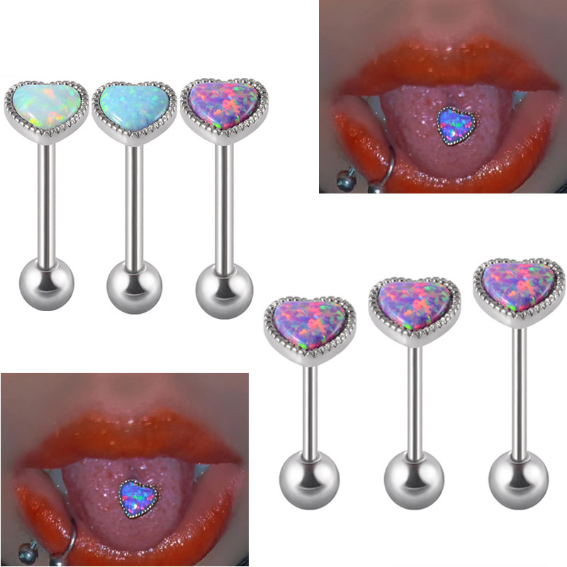 1 Piece Tongue Rings Hip-Hop Heart Shape Stainless Steel Inlay Opal Tongue Rings display picture 1