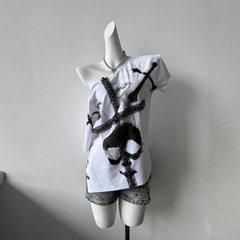 アメリカンレトロサマーホットガールリメイク半袖Tシャツデザイン立体レースクロスメタルボタンホール装飾