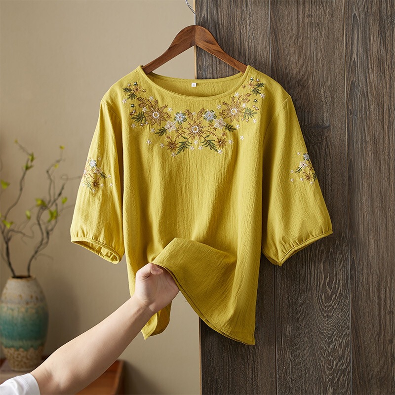 High-End Embroidered Ramie Three-Quarter Sleeve Shirt for Women, Summer Loose Fit, Slimming Cotton-Linen Round Neck Pullover Top