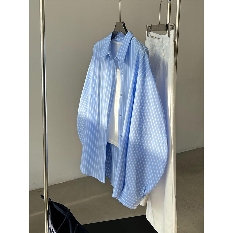 Chao Level Recommendation ~ Milk Blue Silhouette Stripesd Shirt for Women 2025 Early Autumn Korean Style Small Fresh Mid-Length Top