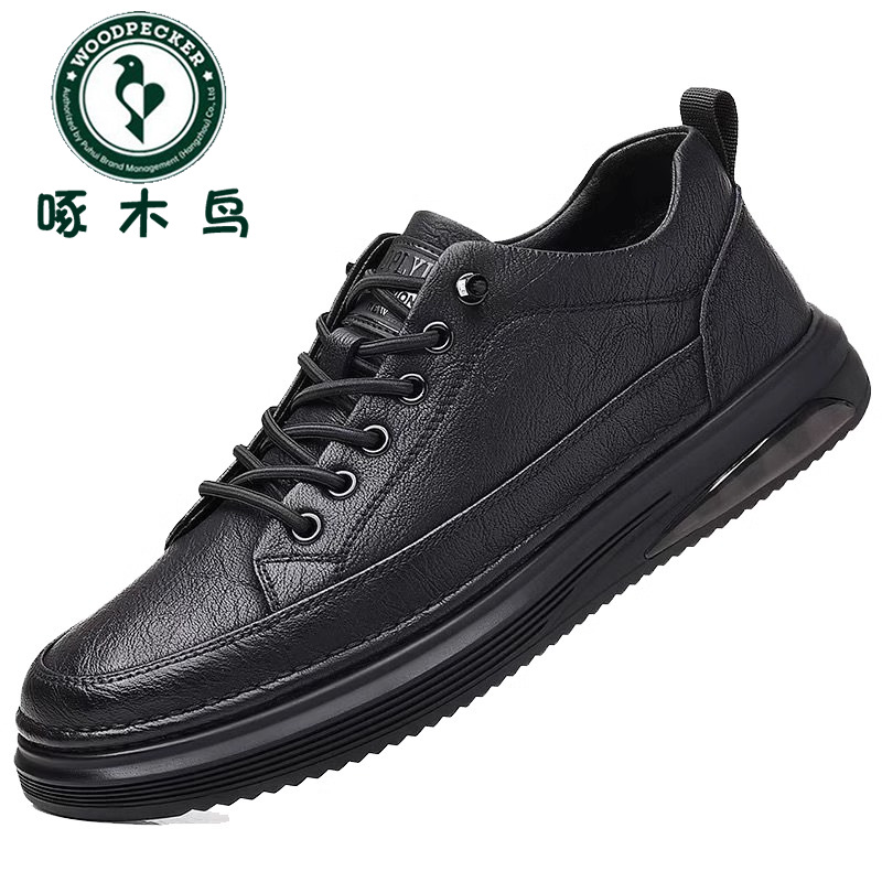 啄木鸟手工时尚防滑品质板鞋百搭增高鞋子透气黑色软底休闲皮鞋男