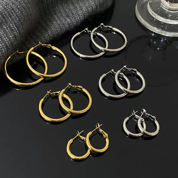 Copper plated real gold Korean style solid metal smooth plain ring round earrings women's new high sense earring earrings silver needle
