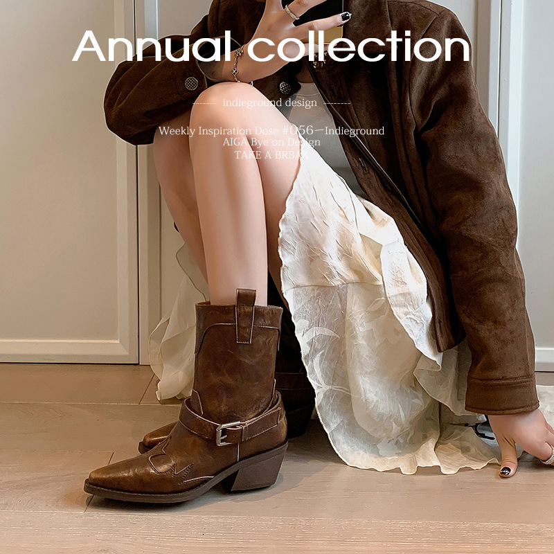 Boot nữ cao gót mũi nhọn chữ V kiểu cowboy gót thô khóa thắt lưng — Màu nâu [lót nhung] chi tiết 1