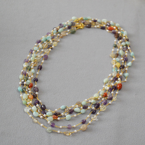 Original Design Autumn/Winter Novelty Natural Stone Handmade Bead Long Pendant Necklace with Double Layer Overlapping Strap for Women