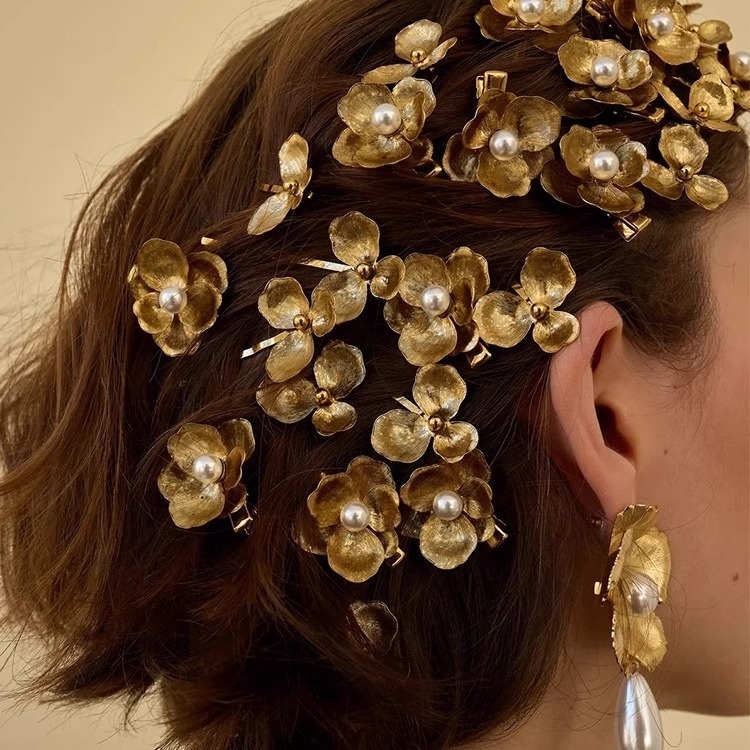 ヨーロッパとアメリカの国境を越えた新しいスタイルの金色の花のヘアピンサイド前髪クリップハイエンドヘアアクセサリー頭飾りニッチサイドクリップ|undefined