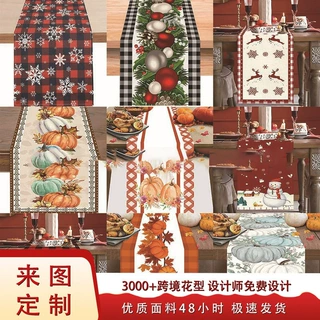 跨境节日氛围亚麻圣诞桌旗万圣节感恩节装饰桌布批发源头厂家餐桌