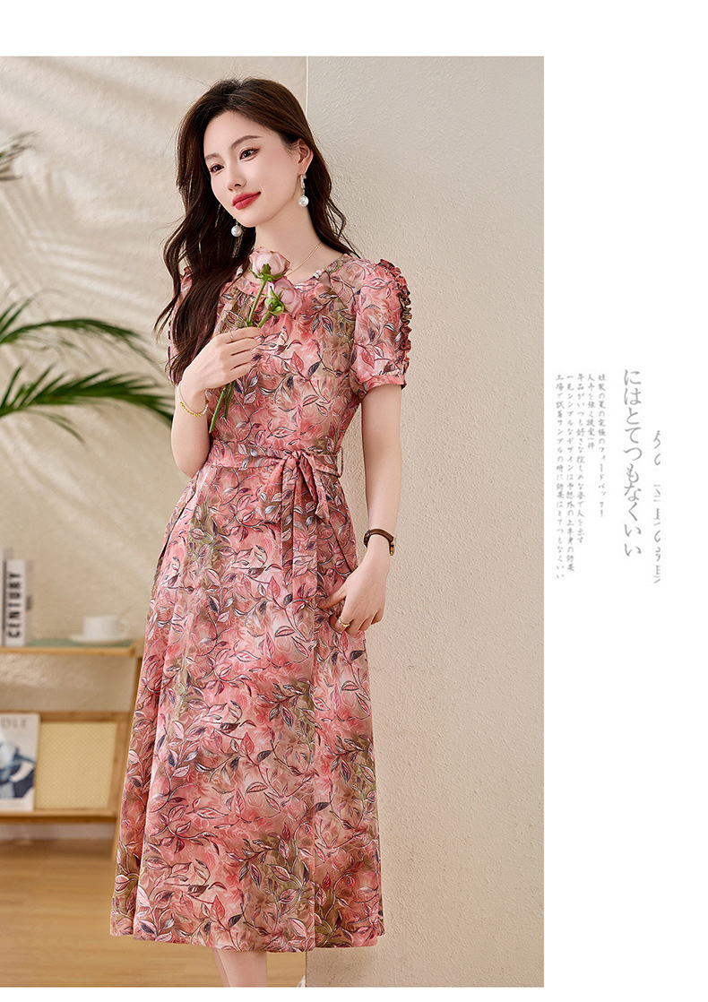 Váy liền hoa maxi nữ thắt eo thanh lịch mùa hè 2025 tay ngắn ôm eo — hoa đỏ, hoa hồng chi tiết 20