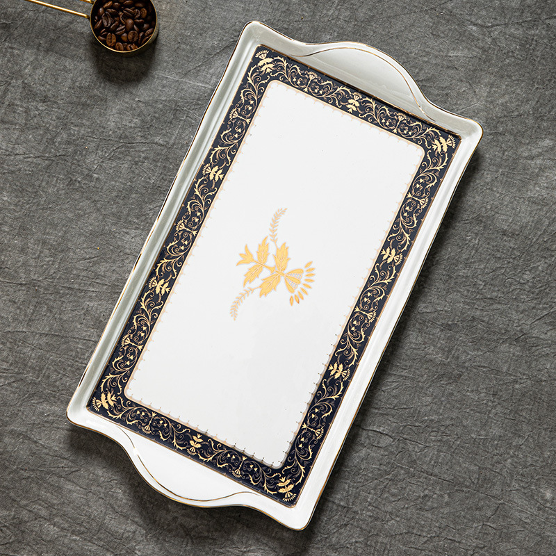 Ceramic Tray Rectangular Household Tea Cup Tea Tray Accessible Luxury Lightweight European Coffee Cup Storage Cake Tray Fruit