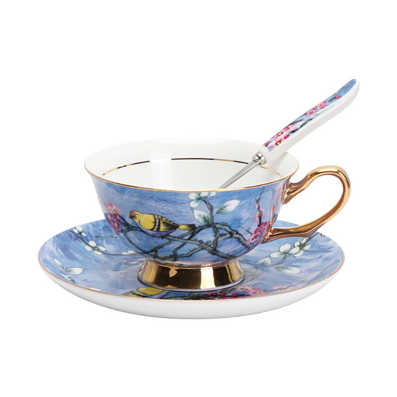 Flor y pájaro pintura oro hueso China taza de café platillo traje nuevo pequeño lujo Té taza de té