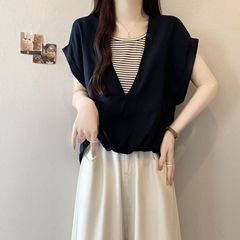 大码设计感撞色条纹假两件短袖T恤女夏季新款胖mm宽松显瘦上衣女