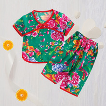 新款夏季短袖幼儿棉绸空调服男女童家居服人造棉大花布套装睡衣薄