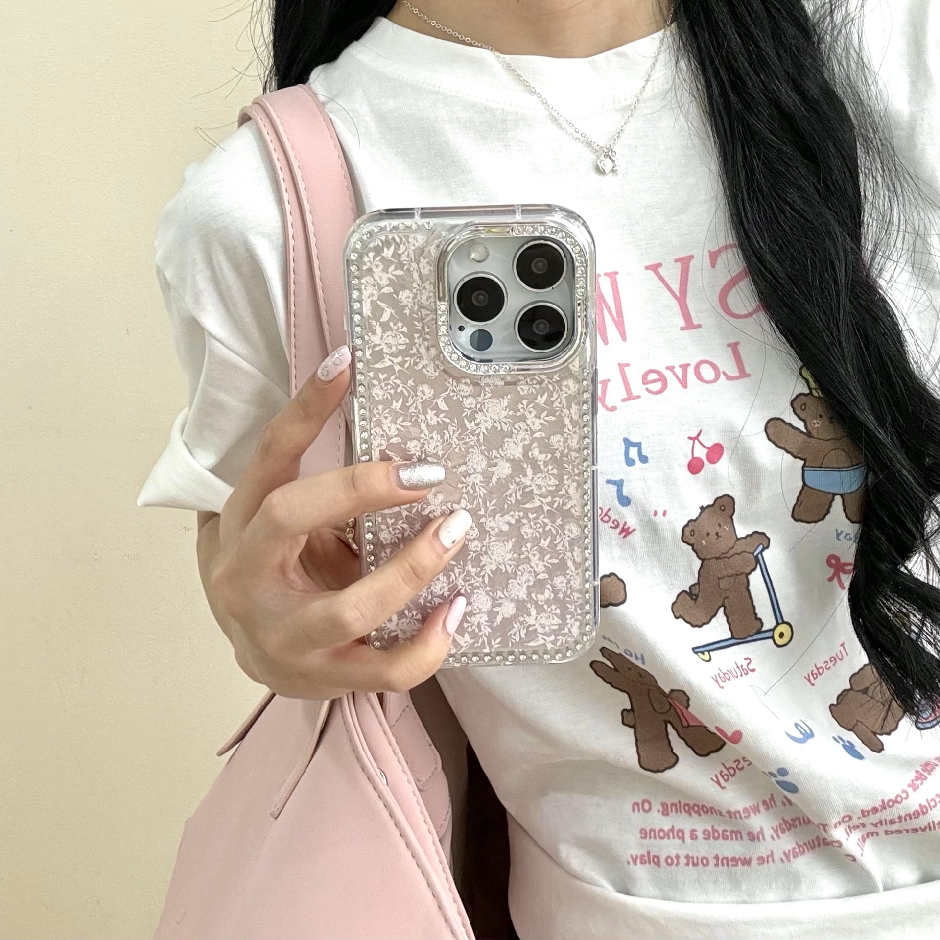 Girl ins base pequeña floral para iPhone16ProMax taladro lateral 14 Apple 15Pro cadena 13 nuevo 16