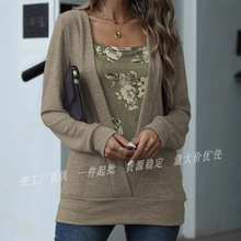 2025秋冬欧美亚马逊独立站跨境新款印花女装时尚大码长袖假两件套