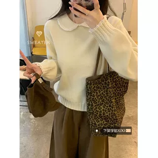 少女蕾丝边娃娃领长袖毛衣女秋冬2026新款减龄宽松纯色甜美针织衫