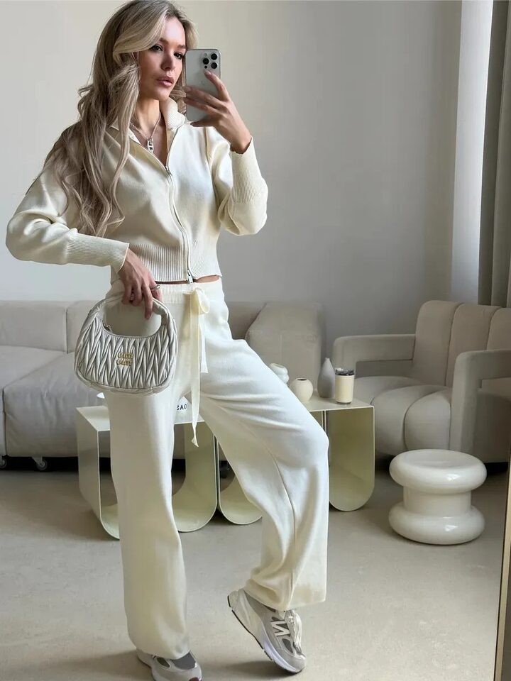 Bộ áo len dệt kim tay dài khóa kéo đôi phong cách thanh lịch — Màu nâu nhạt, màu be, màu hồng, màu nâu chi tiết 44