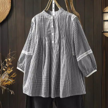 蕾丝拼接棉质立领格子娃娃衫女五分袖休闲百搭宽松遮肉减龄衬衫