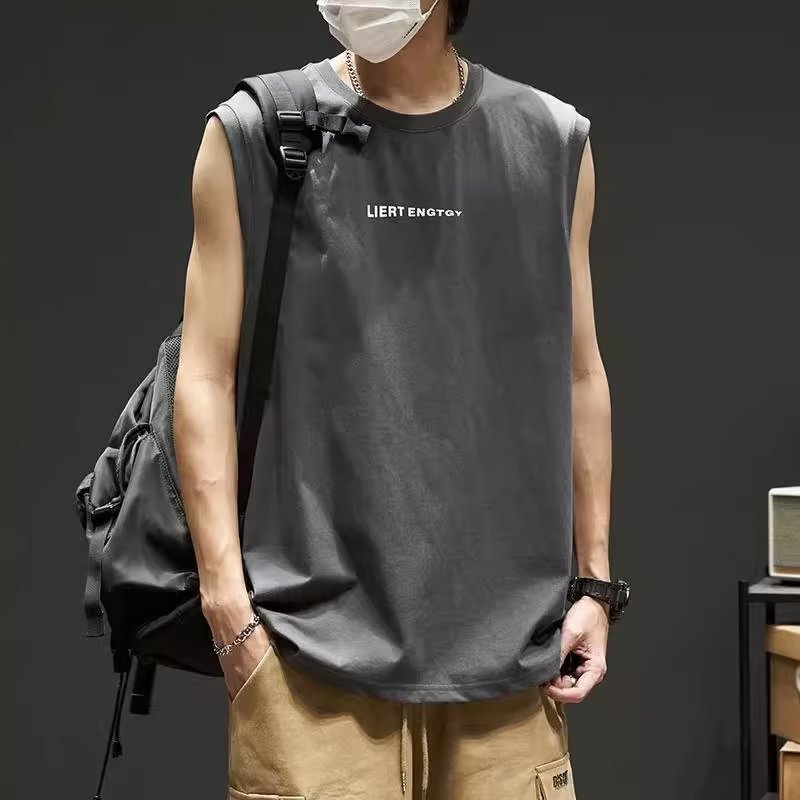 Cotton Waistcoat Men's Summer Fashion Sports Basketball Sleeveless T-Shirt Trendy Printed Loose Sweatshirt for Teenagers