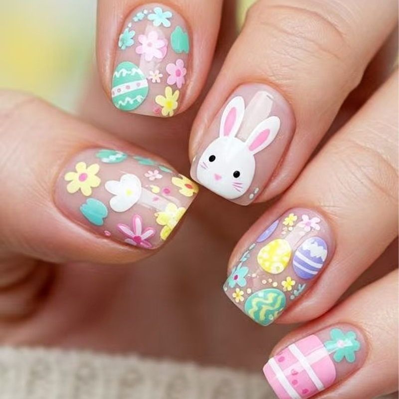 Easter Short Square Colorful Flower Egg Cute Rabbit Design Wearable Nail Art Nail Tips Fake Nail Stickers