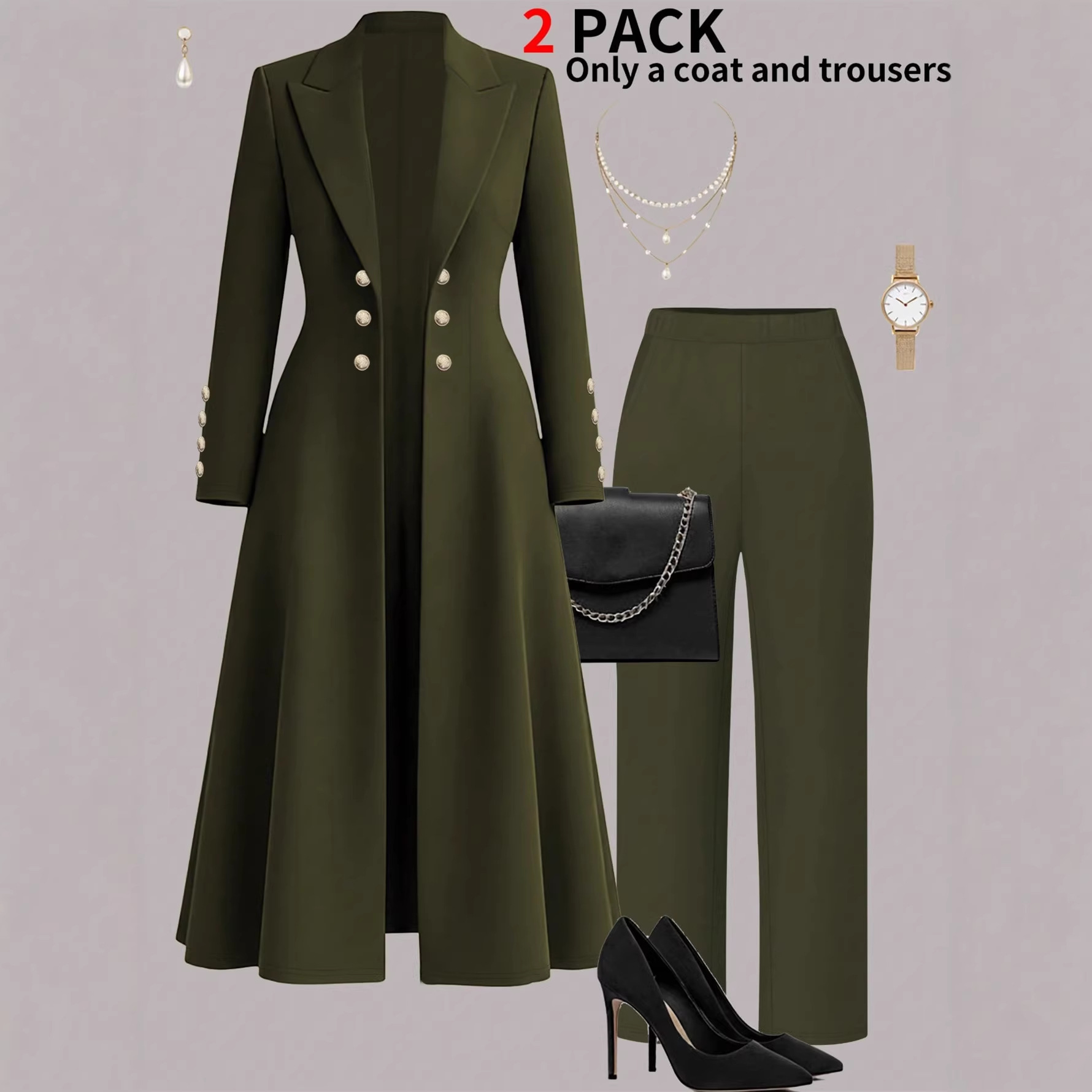 Plus Size Elegant Retro Style Suit Coat Casual Straight Leg Trousers Waist Cinching Long Coat Set_ecoleips.com
