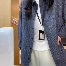 韩系高级感蓝色格子棉麻磨毛衬衫上衣女春季新款宽松长袖衬衣外套