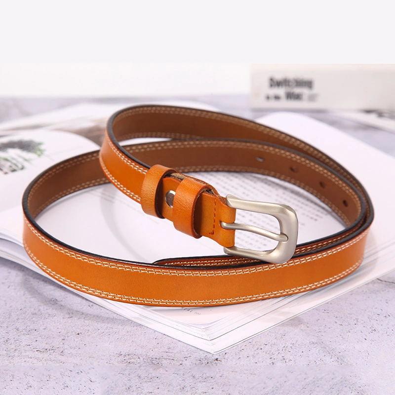 New Cross-Border Style Women's Simple Pin Buckle Leather Belt, Thin Waist Belt, Genuine Leather Decorative Belt, Can Be Printed with Logo