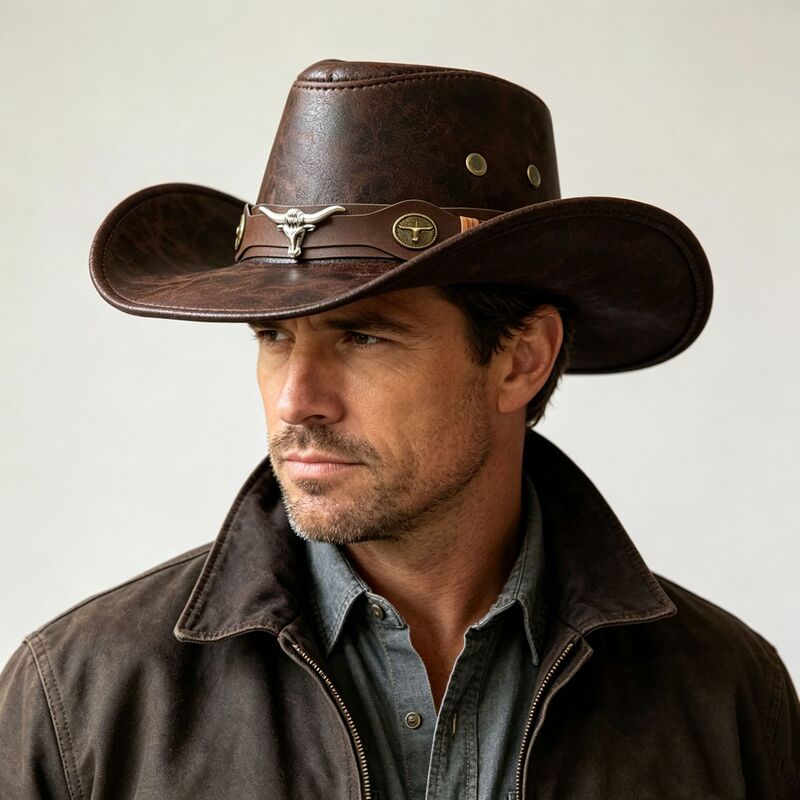 Cross-Border Popular Item: Cowboy Hat with Bull Head Decoration, Cracked Faux Leather Wide Brim, Same Style as the Big Badass Cowboy Hat from the Movie the Good, the Bad and the Ugly Cross-Border Popular Item: Cowboy Hat with Bull Head Decoration, Cracked Faux Leather Wide Brim, Same Style as the Big Badass Cowboy Hat from the Movie the Good, the Bad and the Ugly