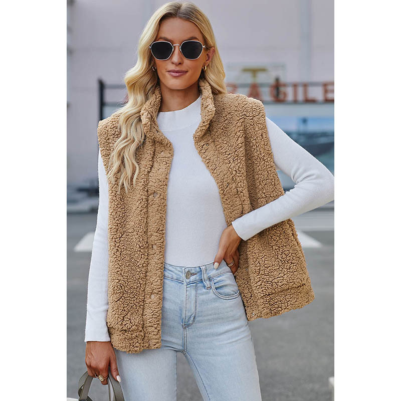 Frauen Kleidung herbst und winter neue feste farbe weste weibliche casual stil taste tasche warme ärmelloses top weibliche_voghion.com