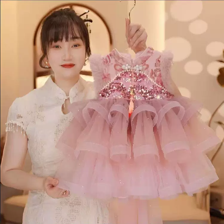 女童洋气新中式加绒公主裙秋冬女宝宝长袖网纱裙中国风拜年服礼服