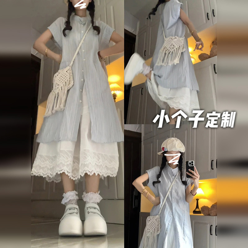 150 Short Short Men French Striped Shirt Short-sleeved dress Women's Summer Loose Sweet Overlay A- line Midi Dress